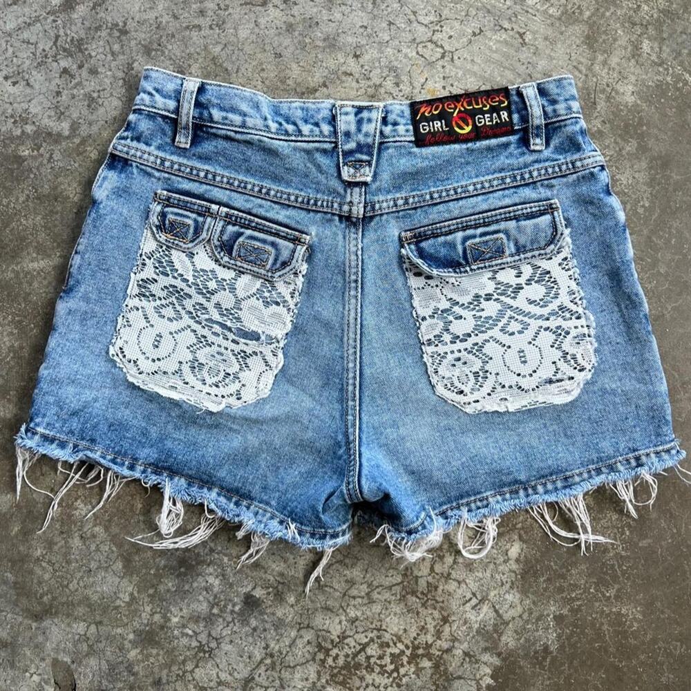 No Excuses Vintage Denim Cutoff Shorts Women's 11/12 High Rise Lace Patch Frayed